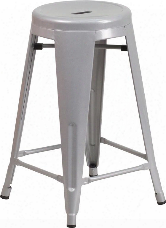 Ch-31350-24-sil-gg 24" Counter Height Bar Stool With Footrest Lightweight Design Backless Powder Coat Finish And Galvanized Steel Construction In