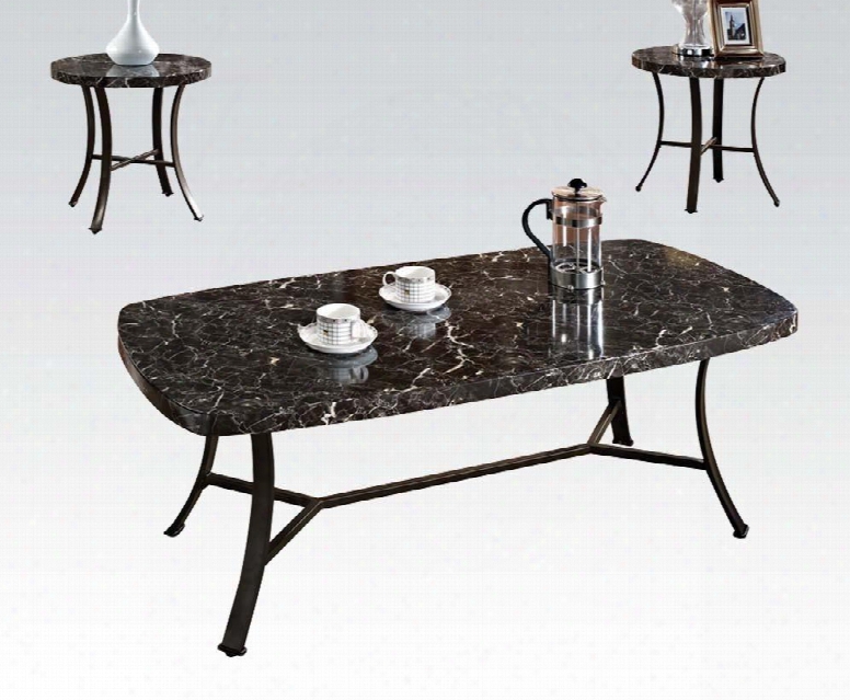 Daisy Collection 80252 3 Pc Living Room Table Set With Coffee Table 2 End Tables Black Faux Marble Top Paper Veneer And Iron Tube Materials In Antique