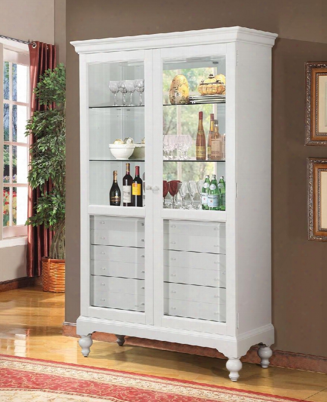 Dallin Collection 90107 47" Curio Cabinet With 2 Glass Doors 6mm Tempered Clear Glass Shelves 6 Felt Lined Drawers And Touch Light Included In White