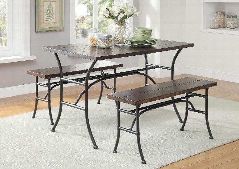 Domingo Collection 71665 3 Pc Counter Height Dining Set With Smooth Rectangular Wood Top Wooden Bench Seats And Metal Construction In Walnut And Antique Black