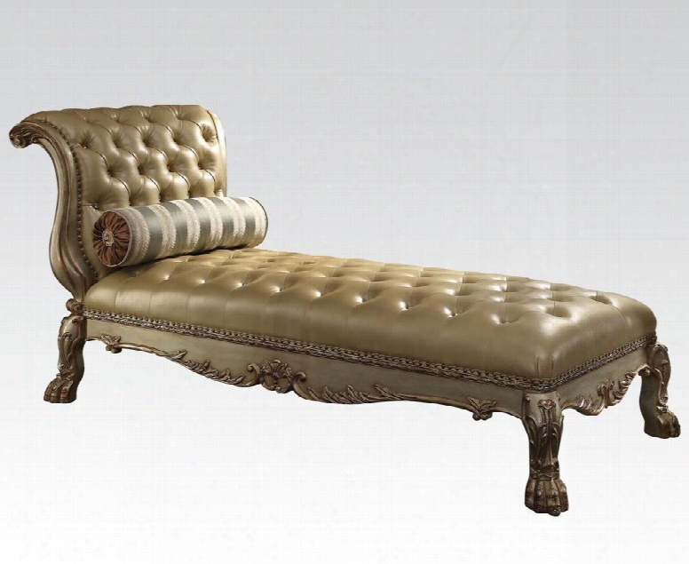 Dresden 96489 82" Chaise With Accent Pillow Solid Chinese Wood Frame Crywtal-like Button Tufted Cushion And Pu Leather Upholstery In Goold Patina