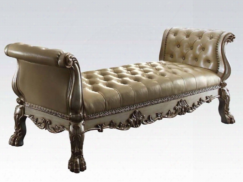 Dresden Collection 96488 78" Bench With Button Tufted Cushion Decorative Nail Head Trim Carved Wooden Elements And Pu Leather Upholstery In Gold Patina