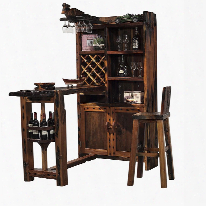 Ds-b0110 Satyr Bar Table With 2 Barstools 4 Shelves 2 Cabinet Doors Stemware Rack And Wine Rack In Brown
