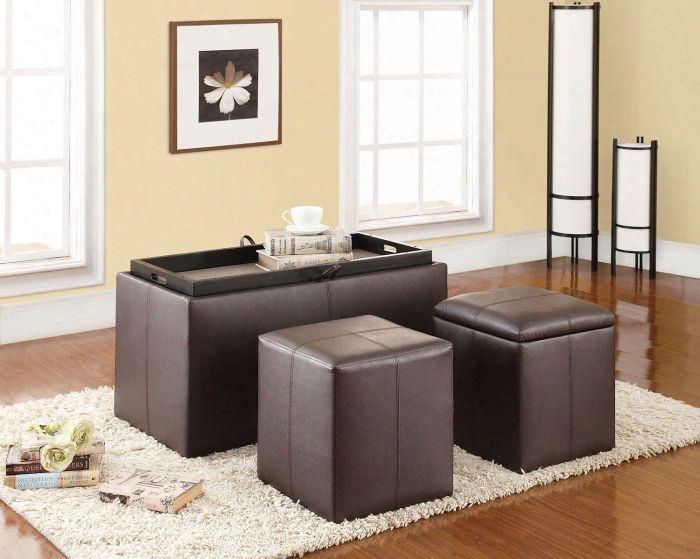 Elias Collection 96647 3 Pc Bench And Ottoman Set With Loose Reversible Seat Storage Bench And Pu Leather Upholstery In Sepresso