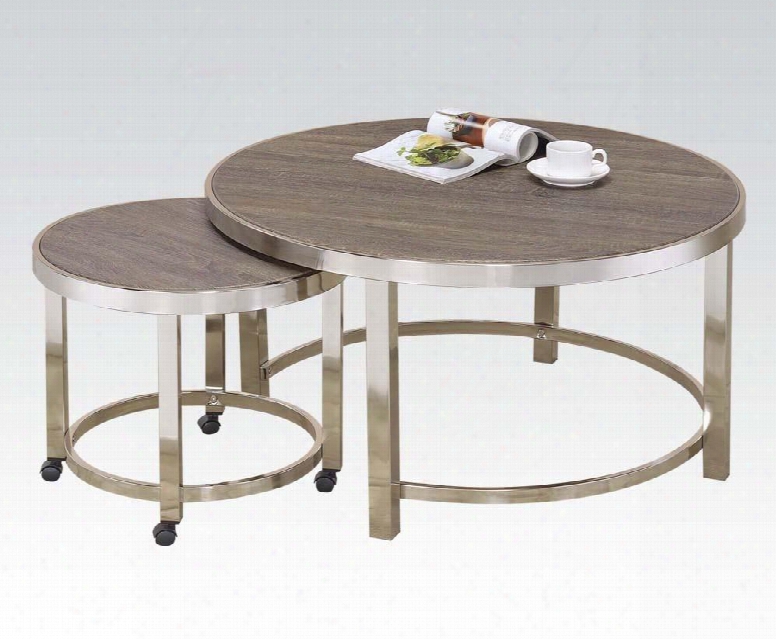 Elwyn Collection 80385 2 Pc Coffee Table Set With Round Shape Casters Medium-density Fiberboard (mdf) Materials And Metal Frame In Walnut And Brushed Nickel