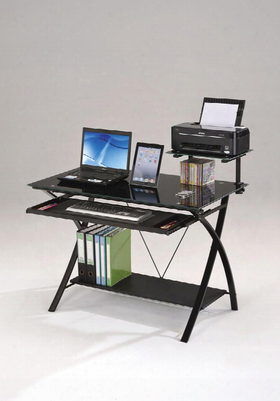 Erma Collection 92078 43" Computer Desk With Keyboard Tray Bottom Board (shelf) Small Shelf On Desk Tempered Glass Top And  Powder Coated Metal Tube Frame In