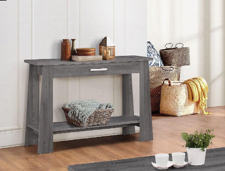 Falan 83282 47" Rectangular Sofa Table With 1 Drawer Bottom Shelf Sloped Legs Paper Veneer And Distressed Look In Dark Grey