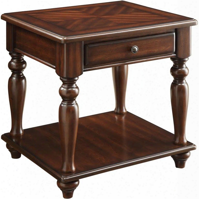 Farrel Collection 82746 24" End Table With 1 Drawer Bottom Shelf Metal Hardware Square Shape Wooden Turned Leg And Parquet Design In Walnut