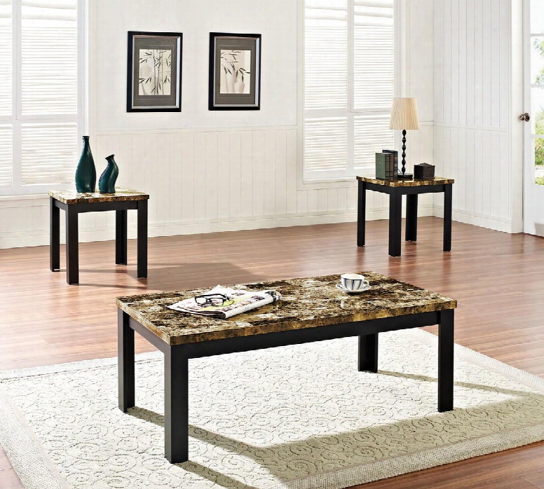 Finely Collection 80320 3 Pc Living Room Tavle Set With Dark Brown Faux Marble Top Medium-density Fiberboard (mdf) And Marble Paper Veneer Materials In Black