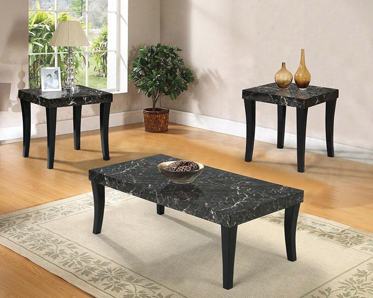 Gale Collection 80366 3 Pcliving Room Table Set With Coffee Table 2 End Tables Faux Marble Top And Tapered Legs In Black