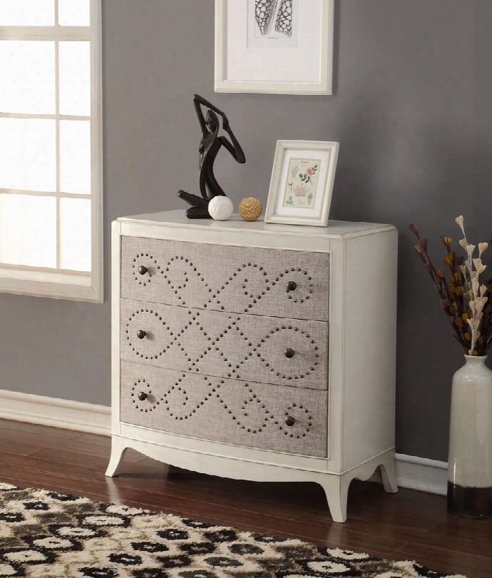 Glejery Collection 90194 37" Console Table With 3 Fabric Covered Drawers Nail Headp Attern Metal Knobs Curved Front And Maple Veneer Materials In Light