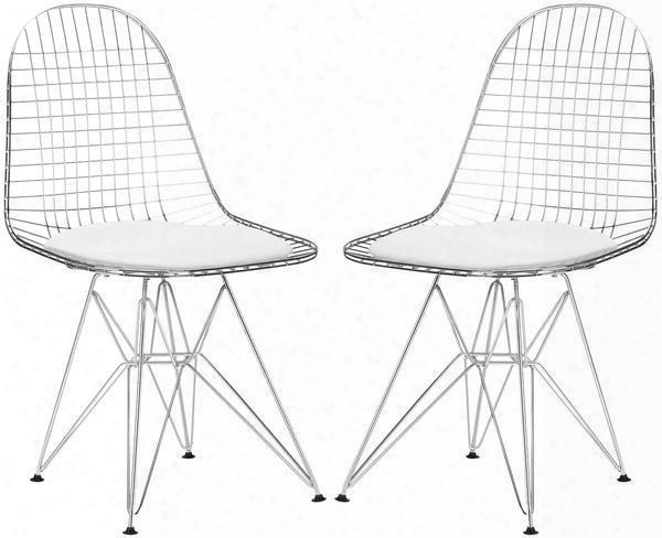 Hamlet Collection Em-107-whi-x2 18" Set Of 2 Side Chairs With Solid Chrome Steel Frame Grid Design Geometric Styling And Leatherette Seat Pad In White