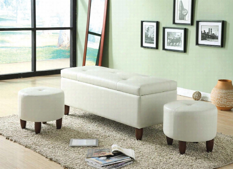 Ibrahim Collection 96027 3 Pc Storage Bench And Ottoman Set With Espresso Tapered Legs Tufted Cushion And Pu Leather Upholstery In Ivory