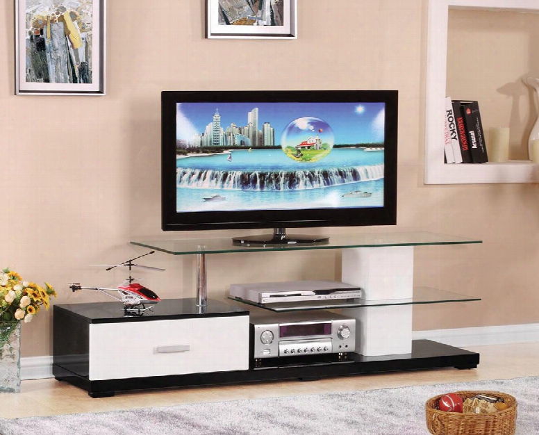 Ivana Collection 91140 63" Tv Stand With 10mm Tempered Clear Glass Top 8mm Tempered Clear Glass Shelf 1 Drawer And 2 Open Media Compartments In Black And