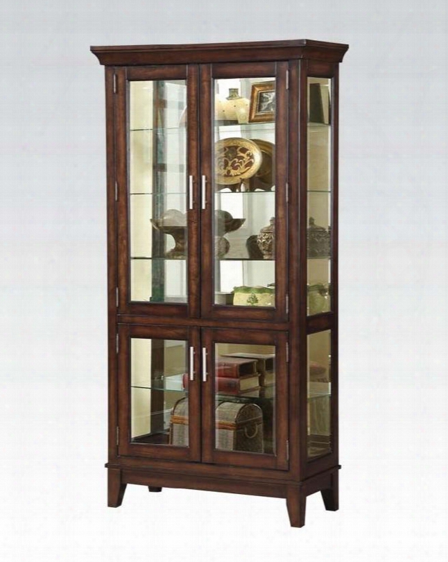 Jaxon Collection 90172 36" Curio Cabinet With 4 5mm Clear Tempered Glass Shelves 3mm Back Mirror 4 Glass Doors Touch Light And Tapered Legs In Cherry