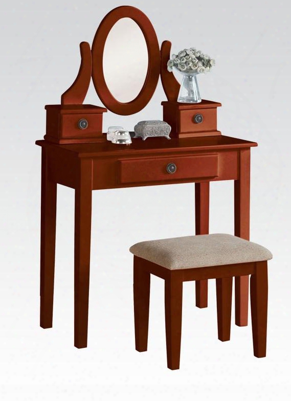 Jayle Collection 90149 32" Vanity Set With 1 Drawer Vanity Fabric Seat Cushion Stool 2 Drawer Oval Jewelry Mirror Metal Hardware And Tapered Legs In Cherry