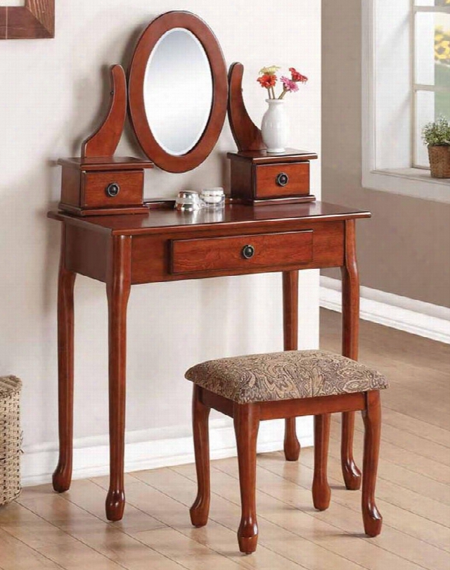Jonas 90155 32" Vanity Set With 3 Drawers Mirror Cushioned Stool Cabriole Legs And Decorative Hardware In Cherry