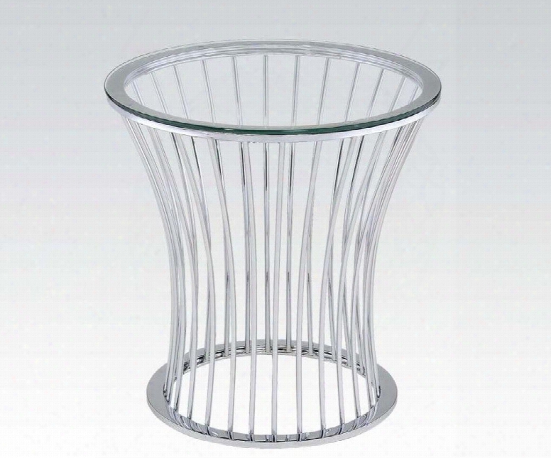 Katya Collection 81102 23" End Table With 8mm Clear Tempered Glass Top Round Shape And Metal Tube Slats In Chrome