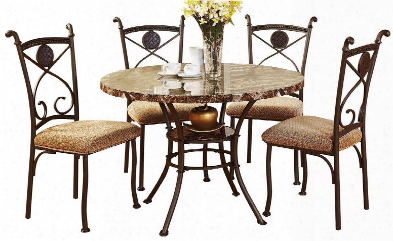 Kleef Collection 70555 5 Pc Dining Room Set With Brown Faux Marble Top Fabric Seat Cushions Bottom Shelf Nad Metal Construction In Brown