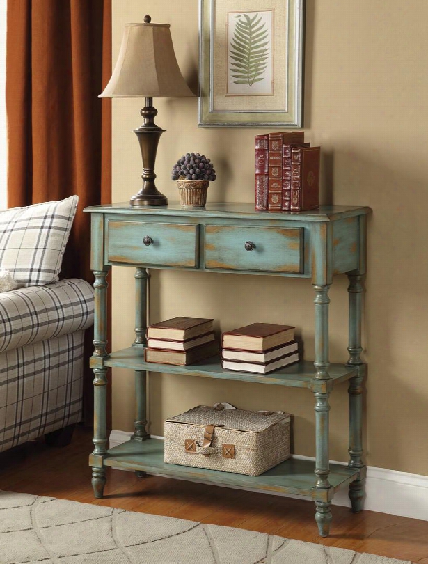Laney Collection 90085 36" Console Table With 2 Drawers 2 Shelves Metal Hardware And Solid Wood Turned Legs In Antique Green