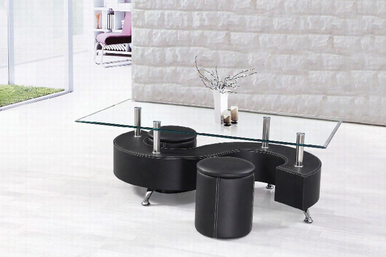 Lavern Collection 82015 3 Pc Coffee Table Set With 8mm Clear Tempered Glass Top 2 Ottomans Chrome Egs Medium-density Fiberboard (mdf) And Bycast Pu Leather