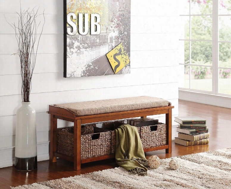 Letha Collection 96622 42" Storage Bench With 3 Sea Grass Baskets Included Light Brown Microfiber Seat Cushio And Solid Wood Construction In Walnut