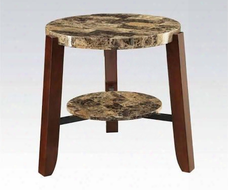 Lilith Collection 80958 23" End Table With Light Brown Faux Marble Top Round Bottom Shelf Tapered Legs And Veneer Materials In Cherry