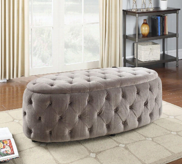 Maddy 96507 57" Bench With Padded Button Tufting Oval Shape Black Soft Legs And Fabric Upholstery In Grey