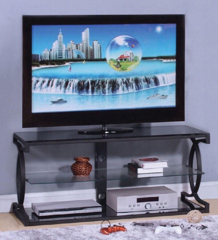 Milo 911z8 50" Tv Stand With 8mm Tempered Black Glass 6mm Tempered Clear Glass Shelf And Steel Lube In Sandy Black