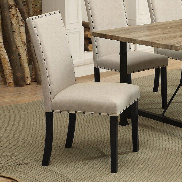 Oldlake Collection 71922 20" Set Of 2 Side Chair With Nail Head Trim Tapered Legs Beige Fabric Upholstery And Solid Wood Construction In Black