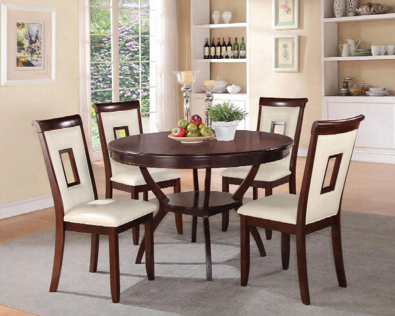 Oswell Collection 71604 5 Pc Dining Room Set With Cream Pu Chair Upholstery Tapered Legs Cut-out Chair Back And Solid Pine Wood Construction In Cher Ry