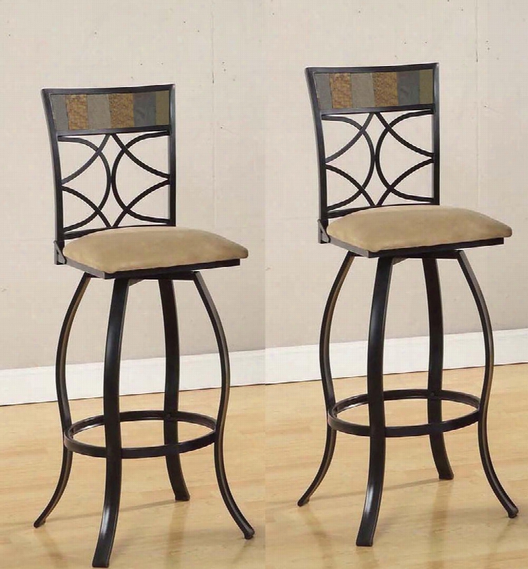 Pansy Collection 72662 45" Set Of 2 Bar Chairs With Swivel Function Curved Flared Legs Stone Inlay Beige Fabric Cushion And Metal Co Nstruction In Black