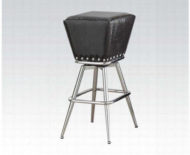 Patrick Collection 72657 Set Of 2 29" Bar Stools With Flared Tapered Legs Nail Head Trim Black Crocodile Pu Leather Upholstery And Metal Tube Frame In Chrome