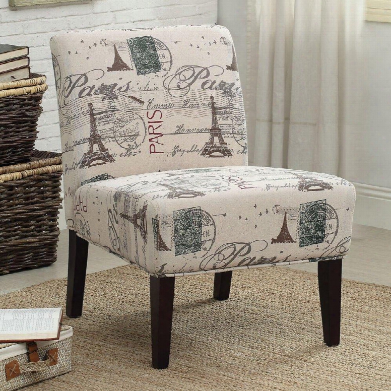 Reece Collection 96225 19" Accent Chair With Vintage Travel Pattern Fabric Upholstery Tapered Legs Solid Wood And Rubberwood Materials In Espresso