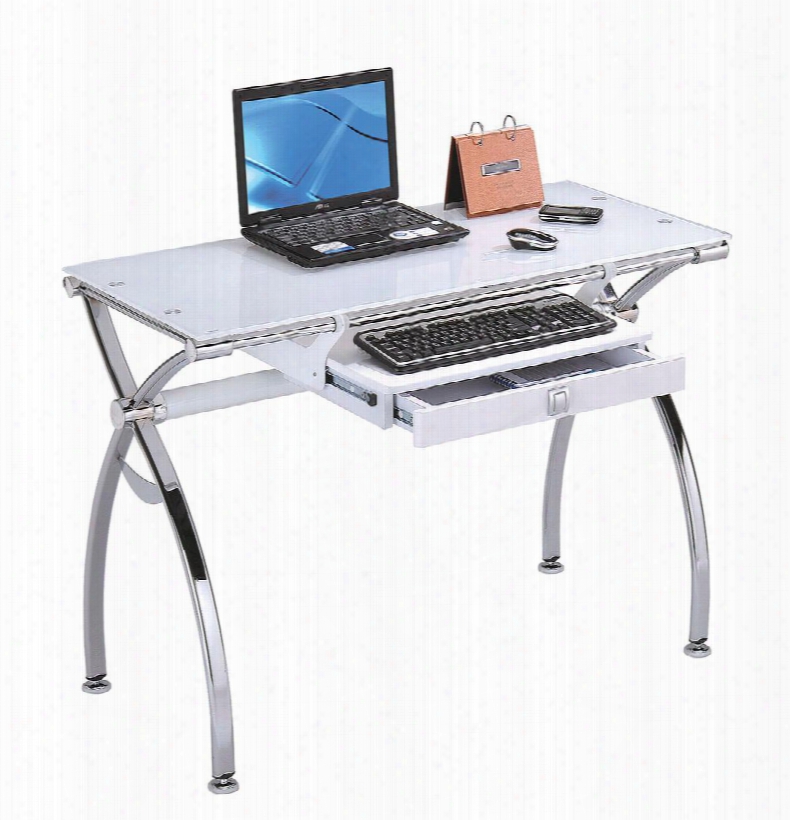 Retro Collection 92062 43" Computer Desk With 1 Drawer Metal Hardware Keyboard Tray Tempered Printed White Glass "x" Style Stand And Metal Tube In Chrome