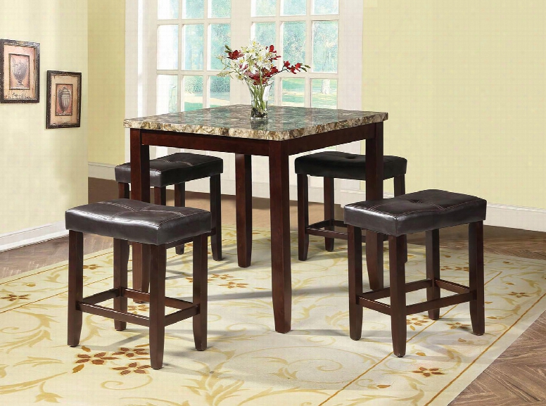 Rolle Collection 71090 5 Pc Counter Height Dining Set With Square Table Faux  Marble Top Bycast Pu Leather Upholstery Seats And Tapered Legs In Espresso