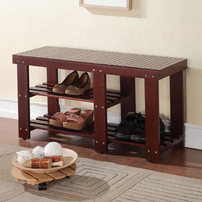 Roy Collection 98168 35" Bench With 2 Shelves Slat Style And Pine Wood Construction In Dark Walnut