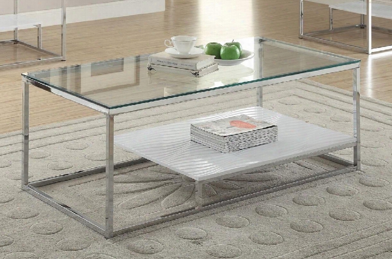 Ruben Collection 80430 48" Coffee Table With 8mm Clear Tempered Glass Top White Lower Shelf And Square Metal Tube In Chrome