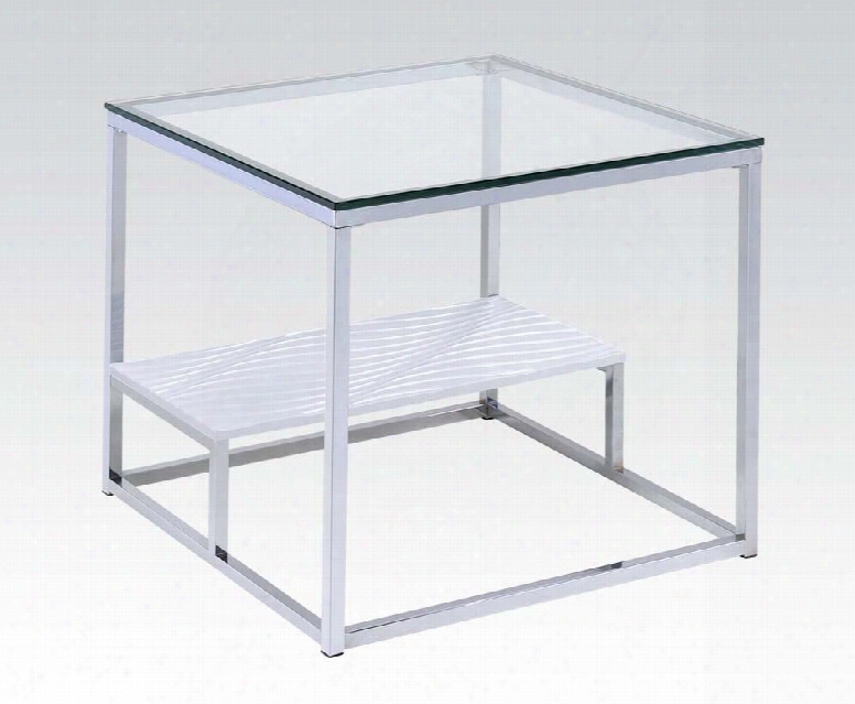 Ruben Collection 80432 24" End Table With 8mm Clear Tempered Glass Top White Bottom Shelf Square Shape And Metal Tube In Chrome