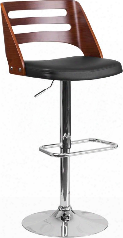 Sd-2702-wal-gg 36" - 44.5" Bar Stool With Adjustable Height Swivel Seat Footrest Chrome Base Walnut Bentwood Frame And Vinyl Upholstery In Black