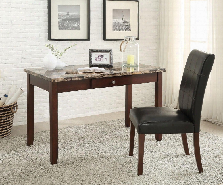 Sydney Collection 92213 2 Pc Desk And Chair Set With 1 Draer Brown Faux Marble Top Faux Leather Parson Chair Upholstery And Solid Wood Construction In Dark