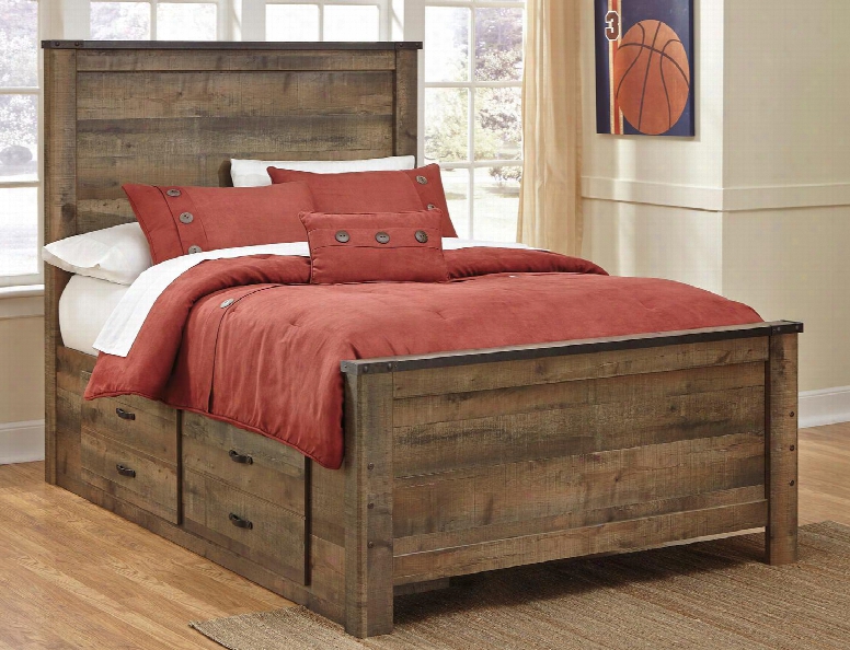 Trinell B446-50/87/84/b100-12 Full Size Panel Bed Wih 2 Underbed Storage Drawers Metal Bracket Accents Plank Detailing And Replicated Oak Grain In