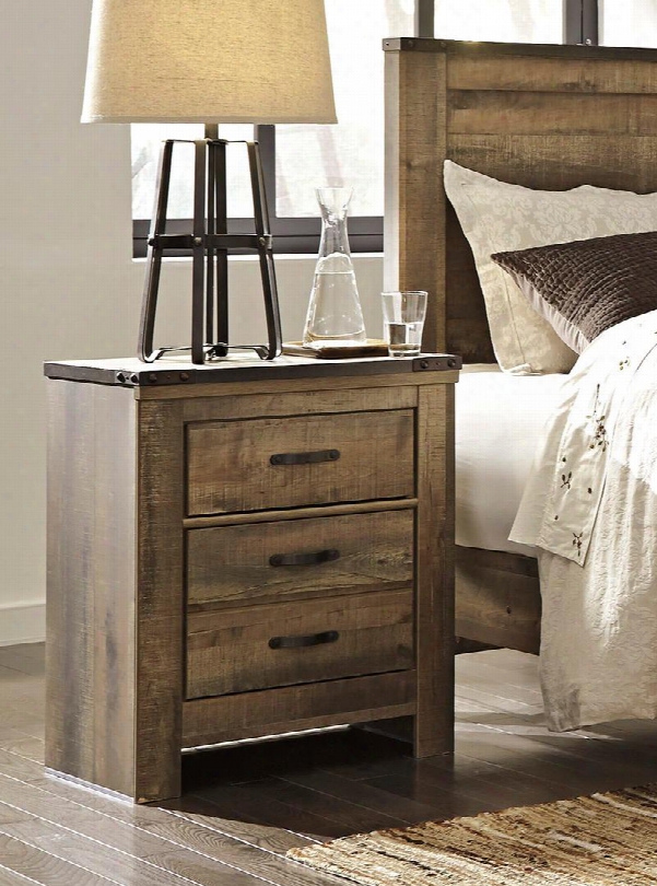 Trinell B446-92 24.72: 2drawer Nightstand With Usb Charging Hub Replicated Oak Grain Metal Bracket Accents And Side Roller Drawer Glides In