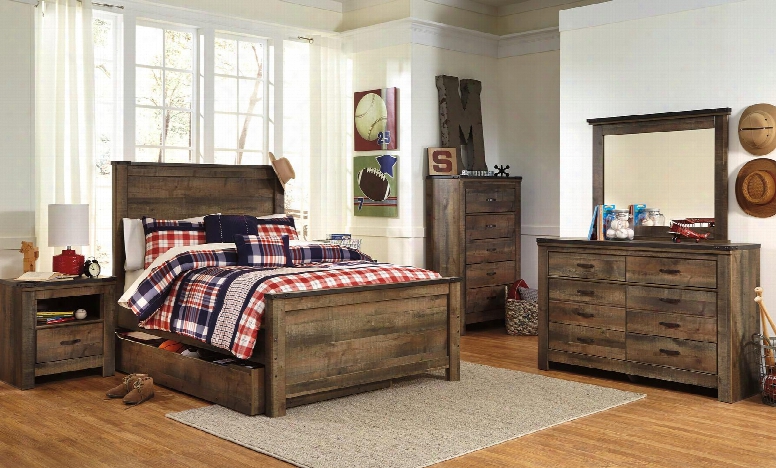 Trinell Full Bedroom Set With Panel Bed With Trundle Dresser Mirror 2 Nightstands And Chest In