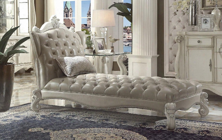 Versailles Collection 96542 76" Chaise With 1 Pillow Included Nail Head Trim Vinntage Grey Pu Leather Upholstery Button Tufted Back And Seat In Bone