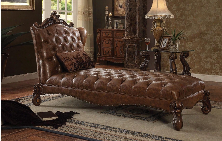 Versailles Collection 96544 76" Chaise With 1 Pillow Included Nail Head Trim Light Brown Pu Leather Upholstery Button Tufted Back And Seat In Cherry