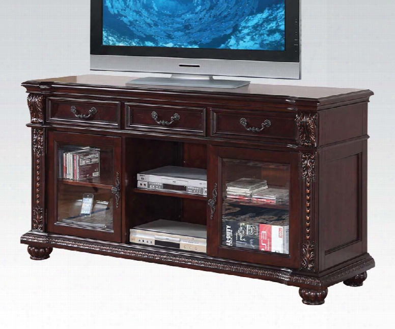 10321 Anondale Tv Stand With 3 Drawers 2 Glass Doors 2 Open Shelf Decorative Metal Hardware And Carving Details In Cherry