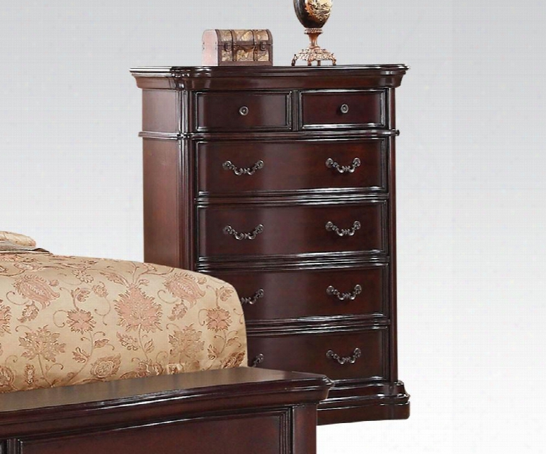 20637 Veradisia Chest With 6 Drawers Shaped Moldings Intricate Scrollwork And Decorative Metal Hardware In Dark Cherry
