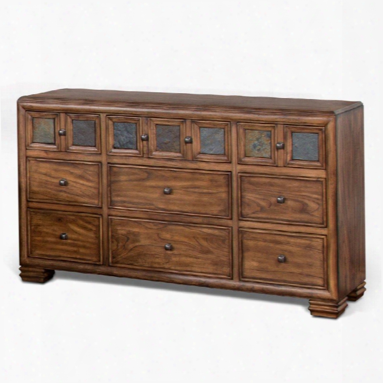 2378bm-d 66" Coventry Dresser With Full-extension Drawer Slides Square Decorative Knobs And Slate Accents In Burnished Mocha