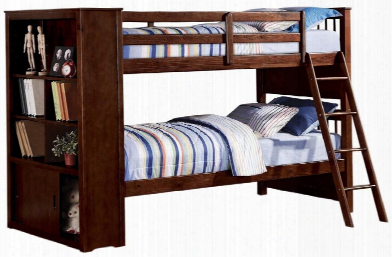 37080 Yaffa Twin/twin Bunk Bed With Ladder Bookcase With 2 Doors 3 Shelves And 6 Storage Compartments In